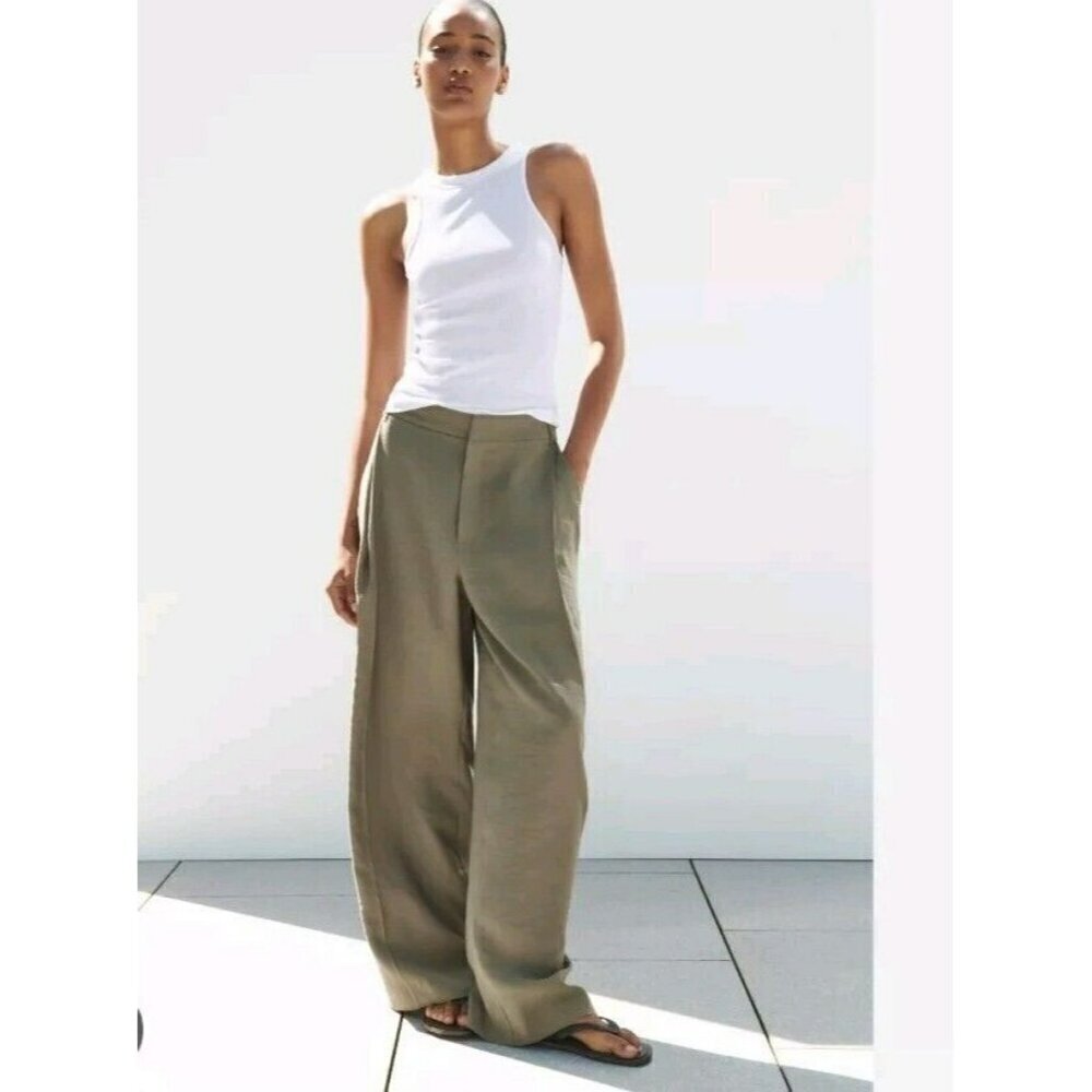 Zara Full Length Trousers Pant XS green wide straight leg loose PANTS 7385 446